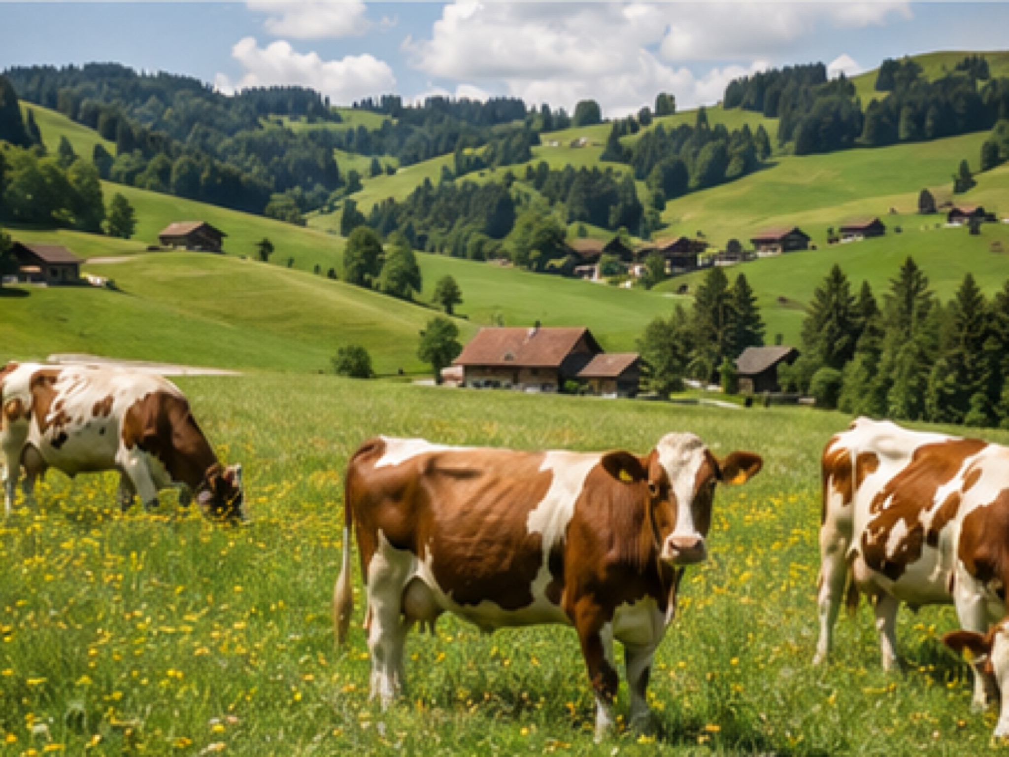Simmental cattle grazing in an alpine meadow